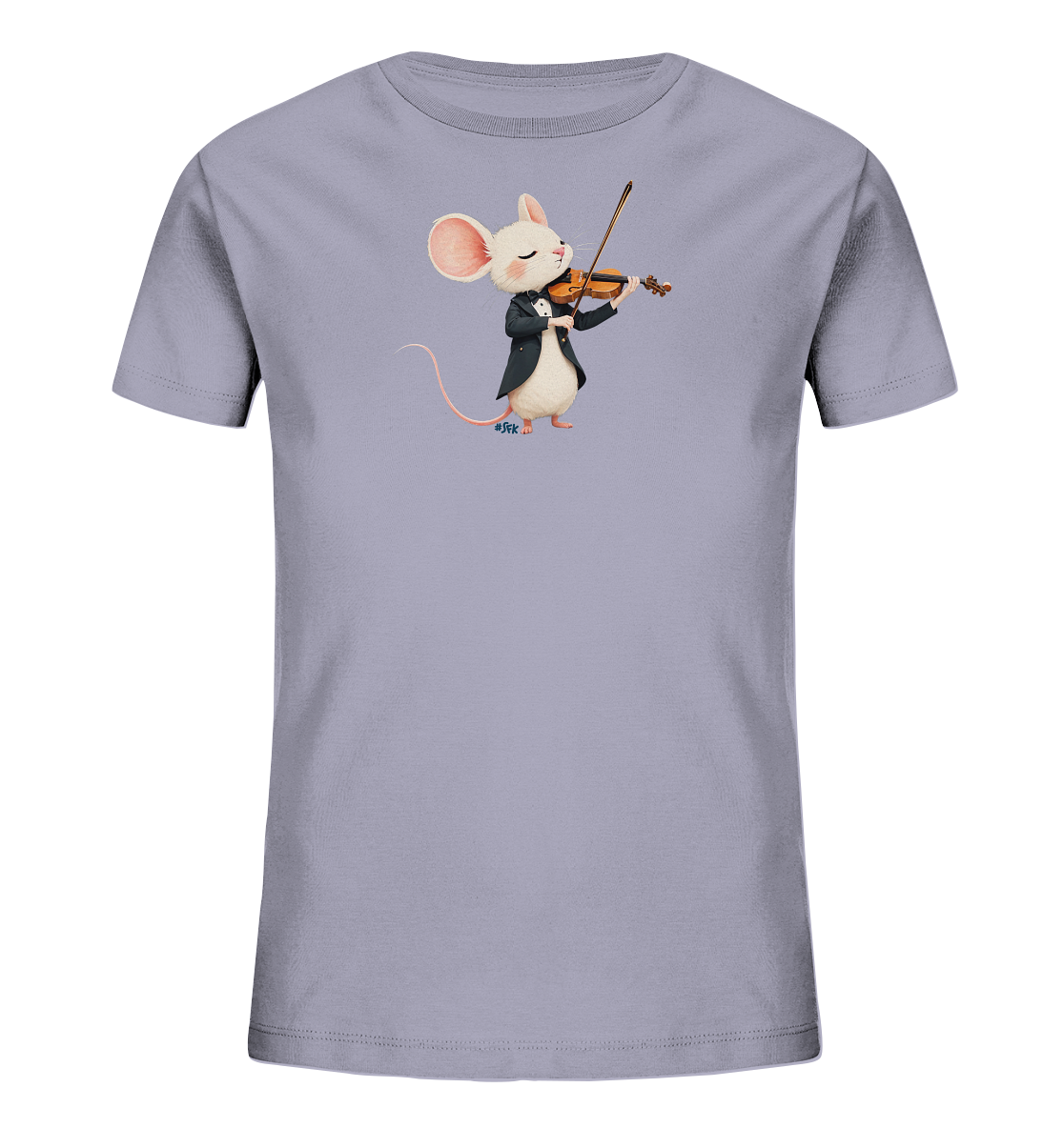 Onlineshop Shirts fuer Kinder - Das Bild zeigt ein helllila Kinder-T-Shirt. Auf der Vorderseite ist eine entzueckende weisse Maus abgebildet, die einen schwarzen Frack traegt und eine Violine spielt. Die Maus hat grosse rosa Ohren und einen gluecklichen Gesichtsausdruck mit geschlossenen Augen. Das Design verleiht dem Shirt einen charmanten und musikalischen Charakter.