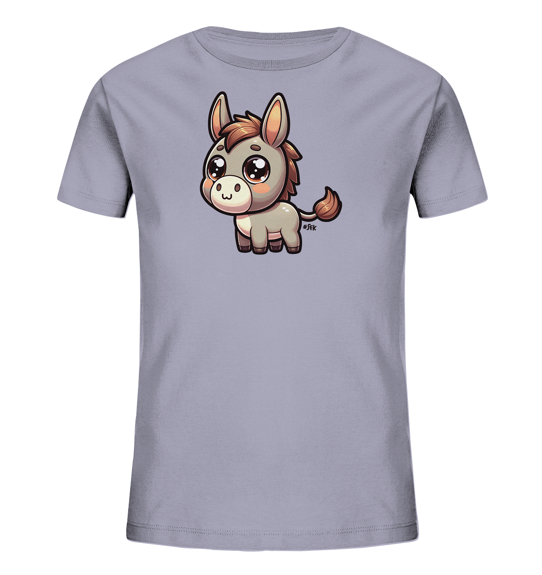 Onlineshop Shirts fuer Kinder - Das Bild zeigt ein helllila Kinder-T-Shirt. Auf der Vorderseite ist eine niedliche, cartoonartige Darstellung eines kleinen Esels zu sehen. Der Esel hat grosse, glaenzende Augen und eine braune Maehne sowie einen braunen Schwanz. Das Design wirkt verspielt und kindgerecht.