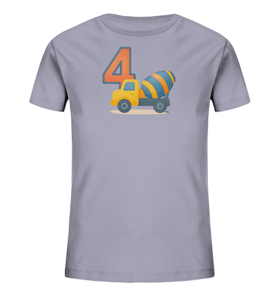 Onlineshop Shirts fuer Kinder - Das Bild zeigt ein Kindert-Shirt in einem hellen Lilaton. Auf der Vorderseite ist eine Illustration eines gelben Zementmischer-Lkws mit einem blau-orange gestreiften Mischer abgebildet. Daneben befindet sich die grosse Zahl Vier in orange mit blauer Kontur. Das Motiv ist spielerisch gestaltet und eignet sich gut fuer Kinder.