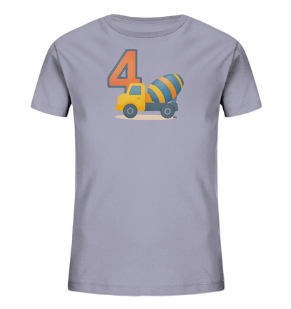 Onlineshop Shirts fuer Kinder - Das Bild zeigt ein Kindert-Shirt in einem hellen Lilaton. Auf der Vorderseite ist eine Illustration eines gelben Zementmischer-Lkws mit einem blau-orange gestreiften Mischer abgebildet. Daneben befindet sich die grosse Zahl Vier in orange mit blauer Kontur. Das Motiv ist spielerisch gestaltet und eignet sich gut fuer Kinder.