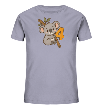 Onlineshop Shirts fuer Kinder - Das Bild zeigt ein T-Shirt fuer Kinder in einem hellgrauen bis fliederfarbenen Ton. Auf der Vorderseite ist eine niedliche Illustration eines Koalas abgebildet, der an einem Ast sitzt. Neben dem Koala ist die grosse Zahl '4' in Orange platziert. Das gesamte Motiv ist freundlich und kindgerecht gestaltet.
