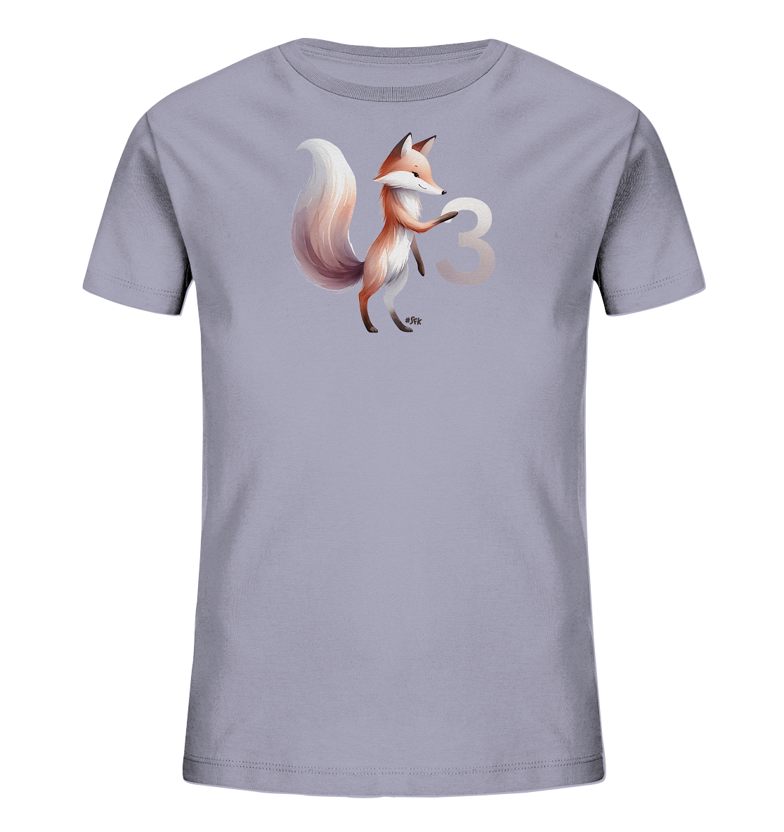 Onlineshop Shirts fuer Kinder - Dieses Bild zeigt ein hellviolettes Kinder-T-Shirt. Auf der Vorderseite ist eine niedliche, gezeichnete Illustration eines Fuchses abgebildet. Der Fuchs haelt die grosse, helle Zahl '3' in seinen Pfoten. Das Design wirkt verspielt und eignet sich gut fuer Kinder.