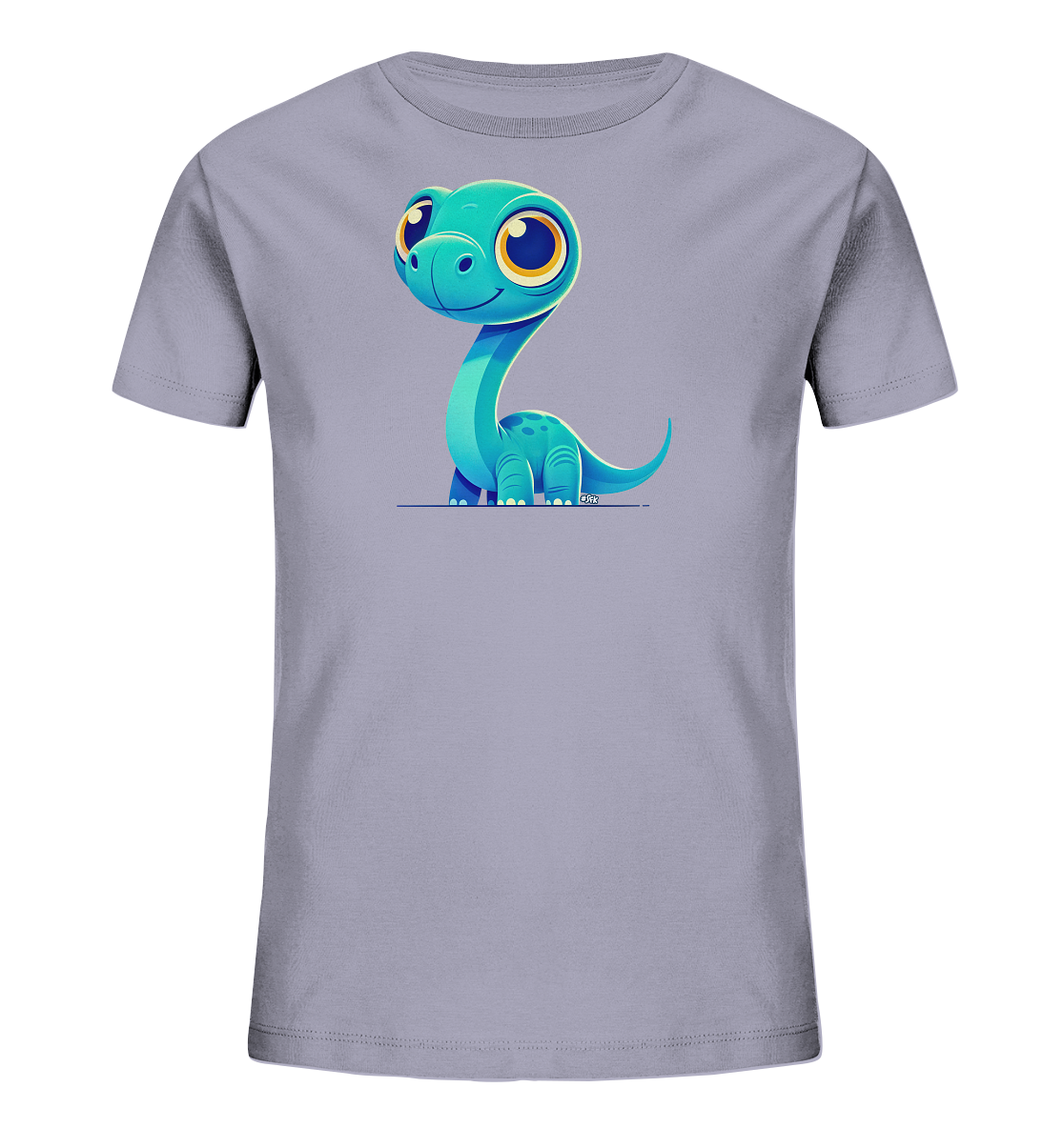 Onlineshop Shirts für Kinder - Dieses Bild zeigt ein graues Kinder-T-Shirt mit einem auffälligen Druck auf der Vorderseite. Das Design präsentiert einen sehr niedlichen, cartoonartigen Dinosaurier in leuchtendem Türkisblau. Der Dinosaurier hat große, ausdrucksstarke gelbe Augen und einen freundlichen Gesichtsausdruck. Er sitzt aufrecht und wirkt durch seinen langen Hals und den kleinen Schwanz verspielt und ansprechend für junge Träger.