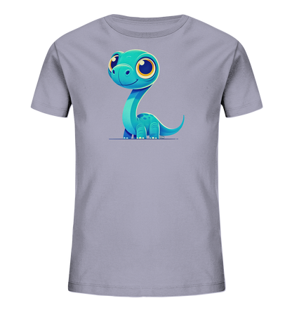Onlineshop Shirts für Kinder - Dieses Bild zeigt ein graues Kinder-T-Shirt mit einem auffälligen Druck auf der Vorderseite. Das Design präsentiert einen sehr niedlichen, cartoonartigen Dinosaurier in leuchtendem Türkisblau. Der Dinosaurier hat große, ausdrucksstarke gelbe Augen und einen freundlichen Gesichtsausdruck. Er sitzt aufrecht und wirkt durch seinen langen Hals und den kleinen Schwanz verspielt und ansprechend für junge Träger.