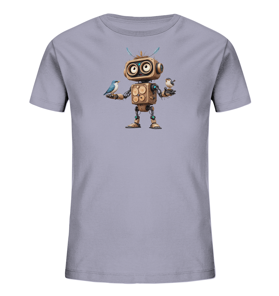Onlineshop Shirts für Kinder - Das Bild zeigt ein hellgraues T-Shirt für Kinder. Auf der Vorderseite ist eine Illustration eines freundlich aussehenden Roboters zu sehen, der aus Holz und Metall zu bestehen scheint und große Augen hat. Der Roboter hält in jeder seiner geöffneten Hände einen kleinen Vogel. Das Motiv wirkt detailliert und hat einen verspielten Charakter.
