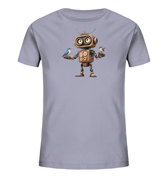 Onlineshop Shirts für Kinder - Das Bild zeigt ein hellgraues T-Shirt für Kinder. Auf der Vorderseite ist eine Illustration eines freundlich aussehenden Roboters zu sehen, der aus Holz und Metall zu bestehen scheint und große Augen hat. Der Roboter hält in jeder seiner geöffneten Hände einen kleinen Vogel. Das Motiv wirkt detailliert und hat einen verspielten Charakter.