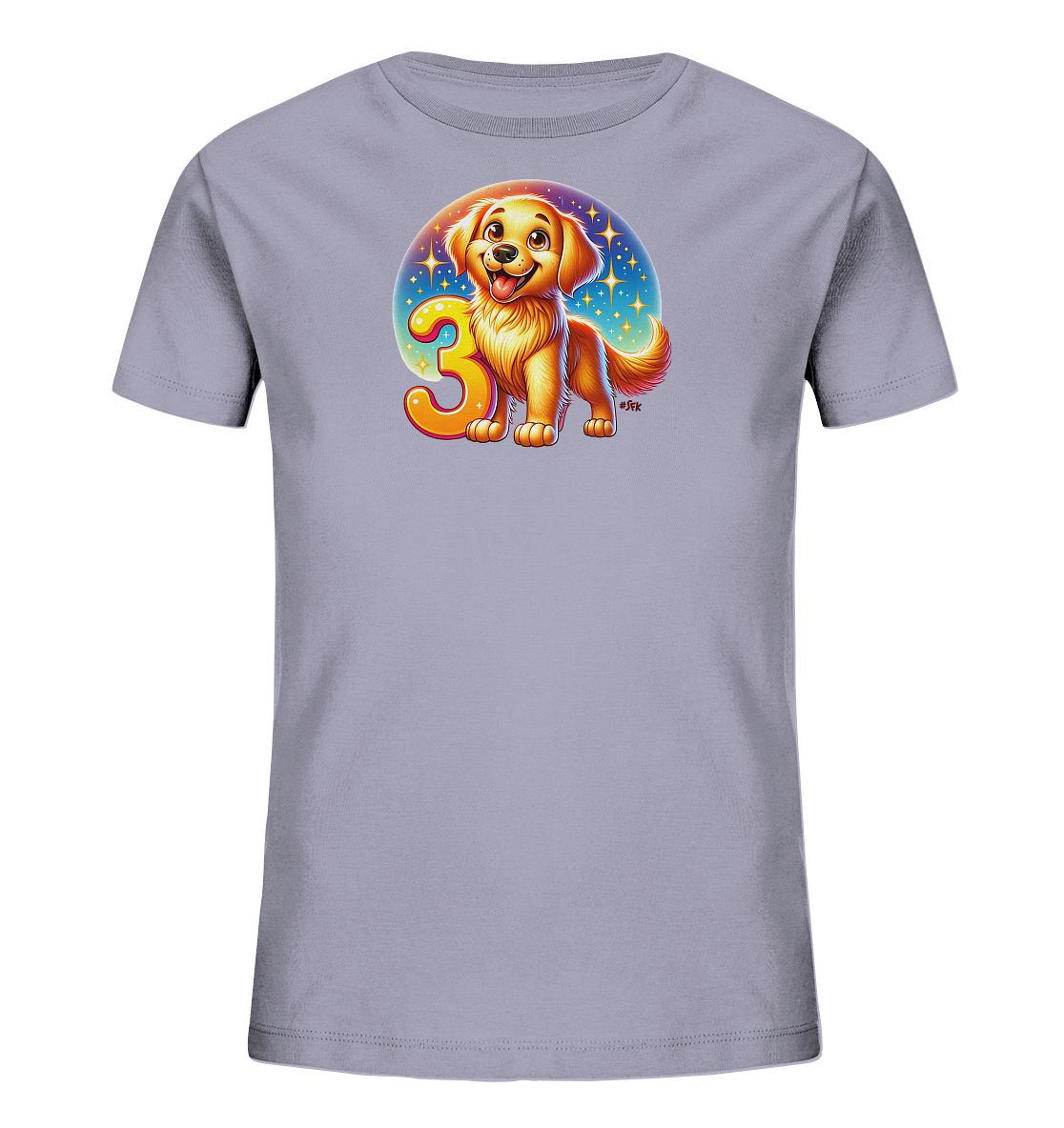 Onlineshop Shirts fuer Kinder - Dieses hellgraue T-Shirt fuer Kinder zeigt eine froehliche Grafik auf der Vorderseite. Im Zentrum steht ein niedlicher Cartoon-Golden Retriever Welpe, der laechelnd neben einer grossen, orangen Zahl '3' sitzt. Hinter dem Motiv befindet sich ein strahlender Hintergrund mit Sternen, der einen festlichen Look erzeugt. Das Design ist ansprechend und kindgerecht gestaltet.