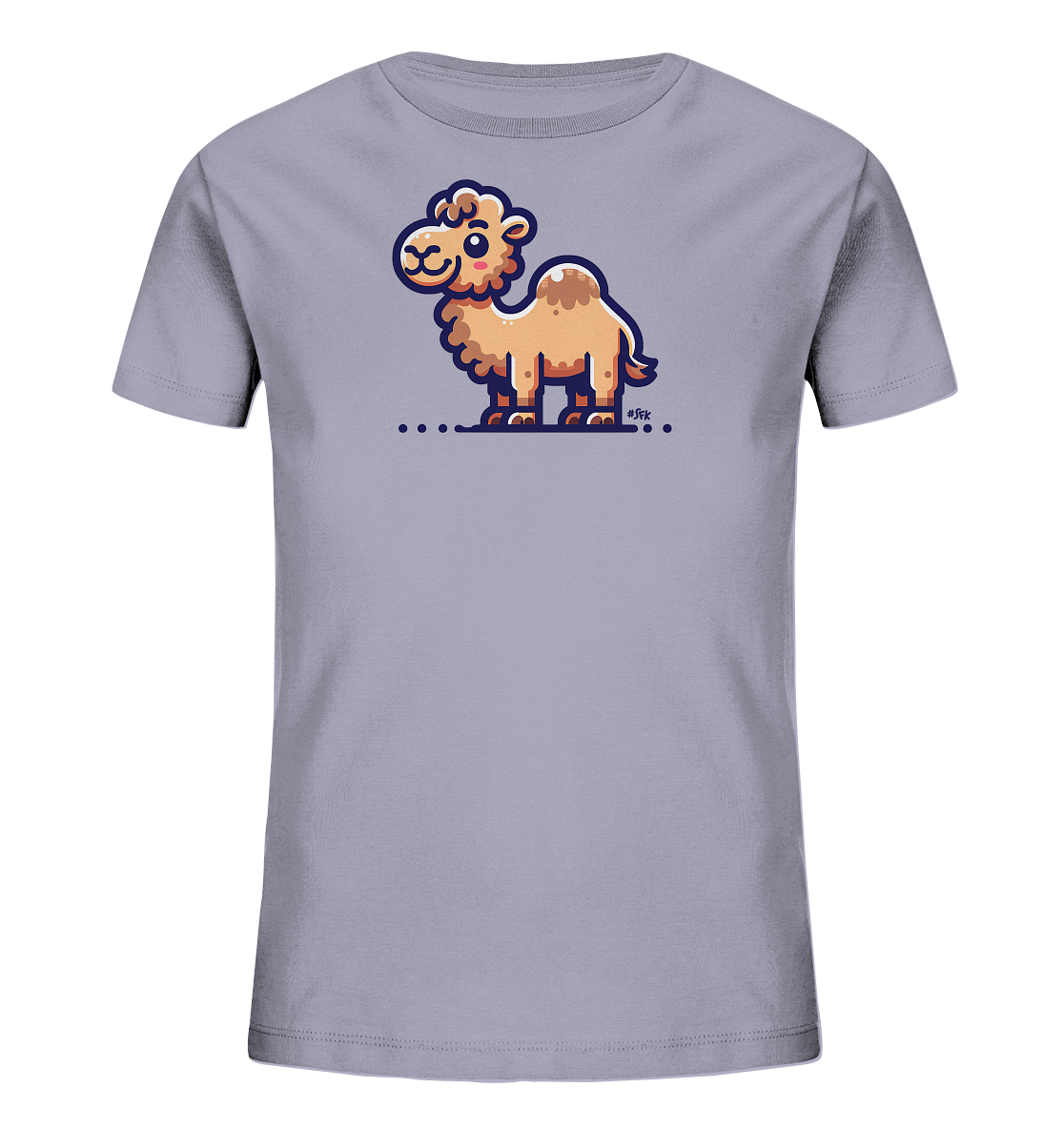 Onlineshop Shirts fuer Kinder - Das Bild zeigt ein hellgraues Kinder T-Shirt. Auf der Vorderseite ist die Illustration eines freundlichen Kamels zu sehen. Das cartoonhafte Kamel hat einen Hoecker, grosse Augen und laechelt. Es steht auf einer dunklen Linie, ergaenzt durch ein paar Punkte.