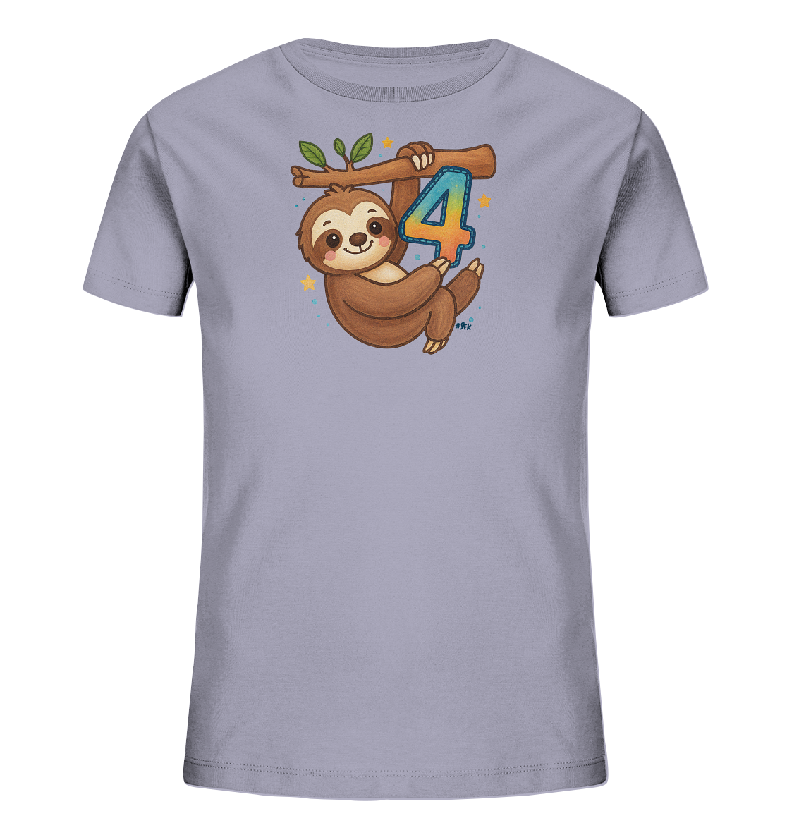 Onlineshop Shirts fuer Kinder - Das Bild zeigt ein hellgraues T-Shirt fuer Kinder. Darauf ist ein Cartoon-Faultier zu sehen, das an einem Ast haengt. Neben dem Faultier befindet sich die bunte Zahl Vier. Das Motiv ist von Sternen und Punkten umrahmt.