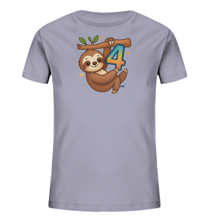Onlineshop Shirts fuer Kinder - Das Bild zeigt ein hellgraues T-Shirt fuer Kinder. Darauf ist ein Cartoon-Faultier zu sehen, das an einem Ast haengt. Neben dem Faultier befindet sich die bunte Zahl Vier. Das Motiv ist von Sternen und Punkten umrahmt.