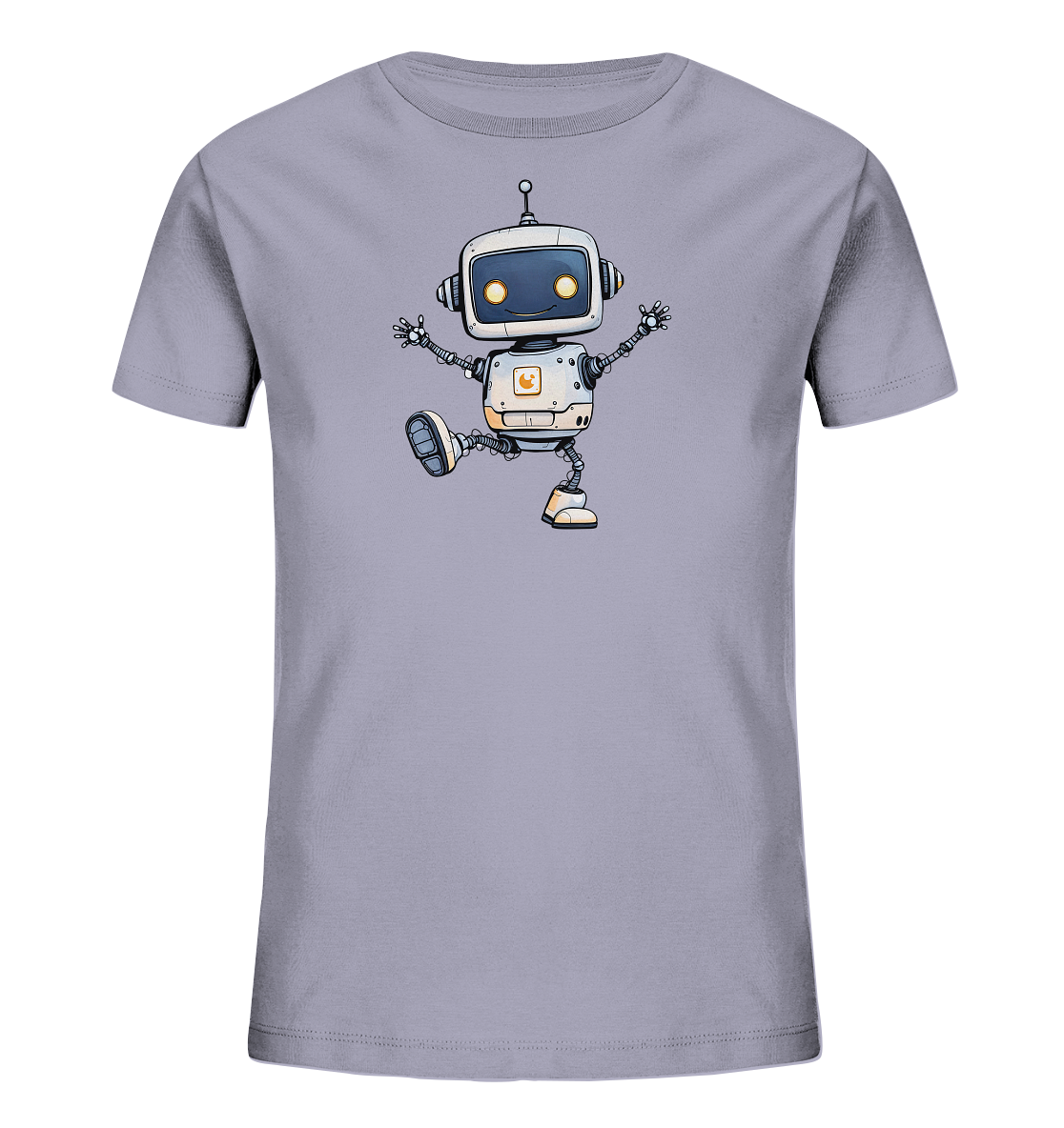 Onlineshop Shirts für Kinder - Das Bild zeigt ein graues Kinder T-Shirt. Auf der Vorderseite ist ein farbenfrohes Motiv eines cartoonhaften Roboters abgebildet. Der Roboter ist weiß und grau gestaltet, mit leuchtend gelben Augen und orangefarbenen Akzenten, und nimmt eine dynamische Pose ein. Dieses spielerische Design verleiht dem Shirt einen fröhlichen Charakter.