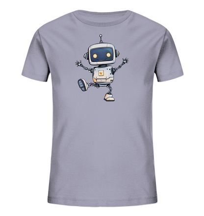 Onlineshop Shirts für Kinder - Das Bild zeigt ein graues Kinder T-Shirt. Auf der Vorderseite ist ein farbenfrohes Motiv eines cartoonhaften Roboters abgebildet. Der Roboter ist weiß und grau gestaltet, mit leuchtend gelben Augen und orangefarbenen Akzenten, und nimmt eine dynamische Pose ein. Dieses spielerische Design verleiht dem Shirt einen fröhlichen Charakter.