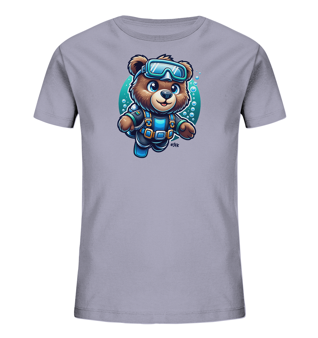 Onlineshop Shirts fuer Kinder - Das Bild zeigt ein graues Kinder-T-Shirt mit einem farbenfrohen Aufdruck eines Baeren im Taucheranzug. Der Baer traegt Taucherbrille und Ausruestung und schwimmt in einem tuerkisen Oval, umgeben von aufsteigenden Blasen. Das Motiv ist im Cartoon-Stil gehalten und hat einen froehlichen Ausdruck. Es vermittelt eine verspielte Unterwasser-Atmosphaere.