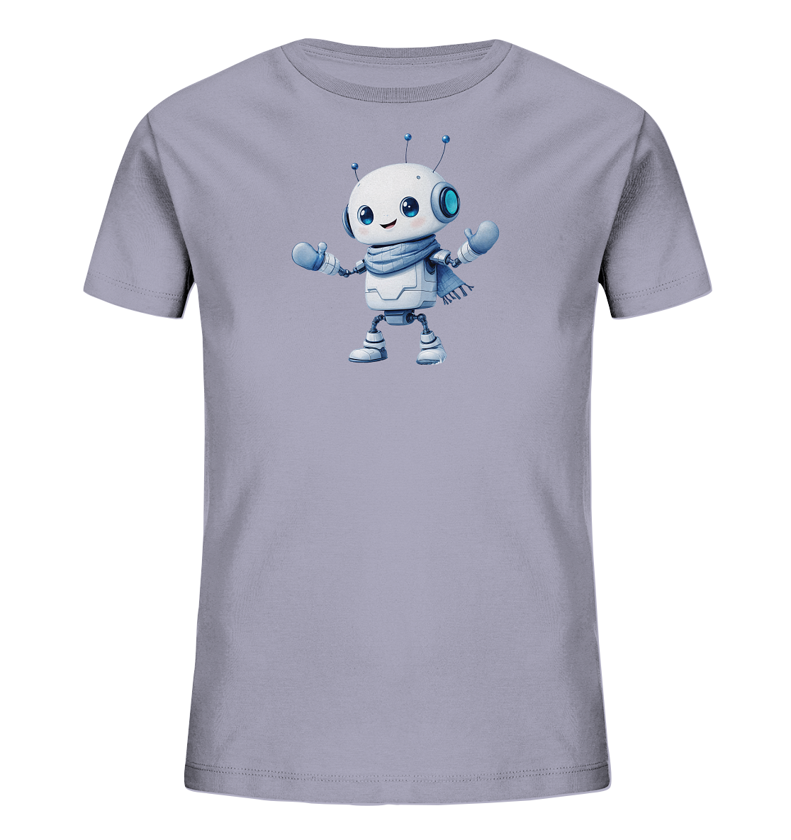 Onlineshop Shirts für Kinder - Das Bild zeigt ein T-Shirt für Kinder in einem hellen Lila- oder Grau-Lila-Farbton. Auf der Vorderseite befindet sich eine Illustration eines freundlich aussehenden, weißen Roboters. Der Roboter hat große blaue Augen, zwei Antennen und trägt einen blauen Schal sowie blaue Handschuhe. Seine Arme sind leicht ausgestreckt, was ihm eine offene und zugängliche Erscheinung verleiht, typisch für ein verspieltes Design auf Kinderkleidung.
