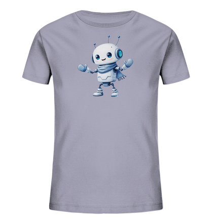 Onlineshop Shirts für Kinder - Das Bild zeigt ein T-Shirt für Kinder in einem hellen Lila- oder Grau-Lila-Farbton. Auf der Vorderseite befindet sich eine Illustration eines freundlich aussehenden, weißen Roboters. Der Roboter hat große blaue Augen, zwei Antennen und trägt einen blauen Schal sowie blaue Handschuhe. Seine Arme sind leicht ausgestreckt, was ihm eine offene und zugängliche Erscheinung verleiht, typisch für ein verspieltes Design auf Kinderkleidung.
