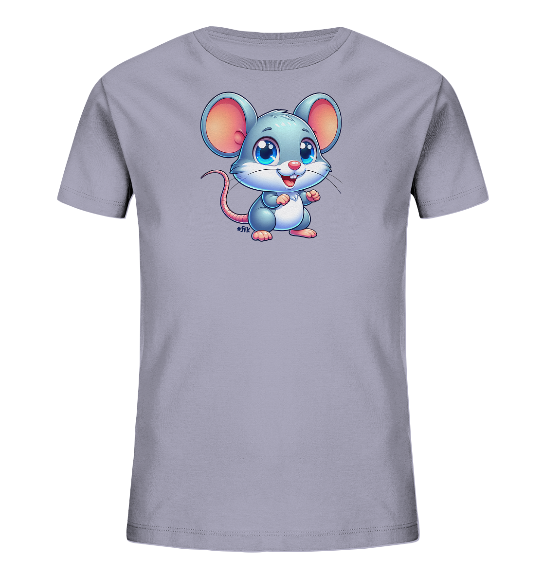 Onlineshop Shirts fuer Kinder - Das Bild zeigt ein hellgraues T-Shirt fuer Kinder. Auf der Vorderseite ist eine niedliche, cartoonhafte Maus abgebildet. Die Maus hat grosse Ohren, blaue Augen und ein freundliches Laecheln. Das Design ist verspielt und farbenfroh.