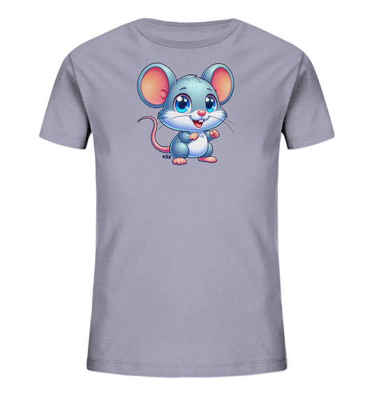 Onlineshop Shirts fuer Kinder - Das Bild zeigt ein hellgraues T-Shirt fuer Kinder. Auf der Vorderseite ist eine niedliche, cartoonhafte Maus abgebildet. Die Maus hat grosse Ohren, blaue Augen und ein freundliches Laecheln. Das Design ist verspielt und farbenfroh.