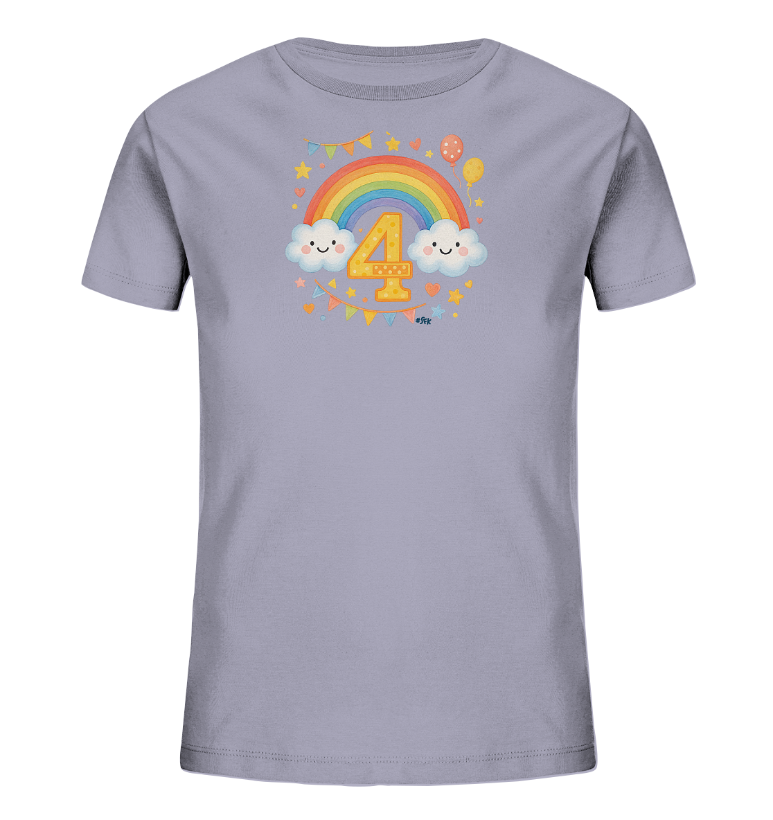 Onlineshop Shirts fuer Kinder - Das Bild zeigt ein Kinder-T-Shirt in einem hellen Lila-Ton. Auf der Vorderseite ist ein froehliches Motiv abgebildet, das einen Regenbogen mit lachenden Wolken umfasst. Im Zentrum des Designs steht die grosse, gelbe Zahl 4, umgeben von Sternen, Herzen und Ballons. Eine bunte Girlande rundet das festliche Erscheinungsbild ab.