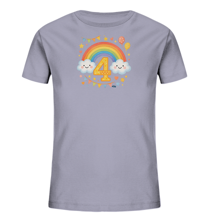 Onlineshop Shirts fuer Kinder - Das Bild zeigt ein Kinder-T-Shirt in einem hellen Lila-Ton. Auf der Vorderseite ist ein froehliches Motiv abgebildet, das einen Regenbogen mit lachenden Wolken umfasst. Im Zentrum des Designs steht die grosse, gelbe Zahl 4, umgeben von Sternen, Herzen und Ballons. Eine bunte Girlande rundet das festliche Erscheinungsbild ab.