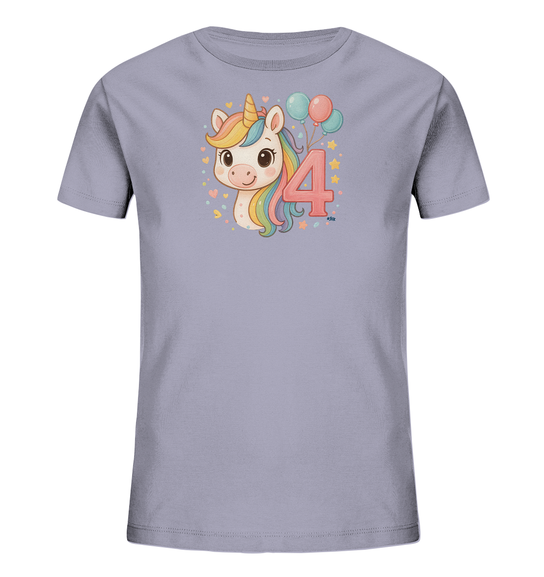 Onlineshop Shirts fuer Kinder - Das Bild zeigt ein hellgraues Kinder-T-Shirt mit einem niedlichen Einhorn-Motiv auf der Vorderseite. Das Einhorn hat eine bunte Regenbogenmaehne und steht neben einer grossen rosa Zahl '4'. Mehrere Ballons in Pastelltoenen ergaenzen das Motiv. Der Hintergrund ist mit kleinen Herzen und Sternen verziert, was dem Design eine verspielte Note verleiht.
