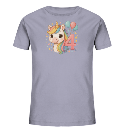 Onlineshop Shirts fuer Kinder - Das Bild zeigt ein hellgraues Kinder-T-Shirt mit einem niedlichen Einhorn-Motiv auf der Vorderseite. Das Einhorn hat eine bunte Regenbogenmaehne und steht neben einer grossen rosa Zahl '4'. Mehrere Ballons in Pastelltoenen ergaenzen das Motiv. Der Hintergrund ist mit kleinen Herzen und Sternen verziert, was dem Design eine verspielte Note verleiht.