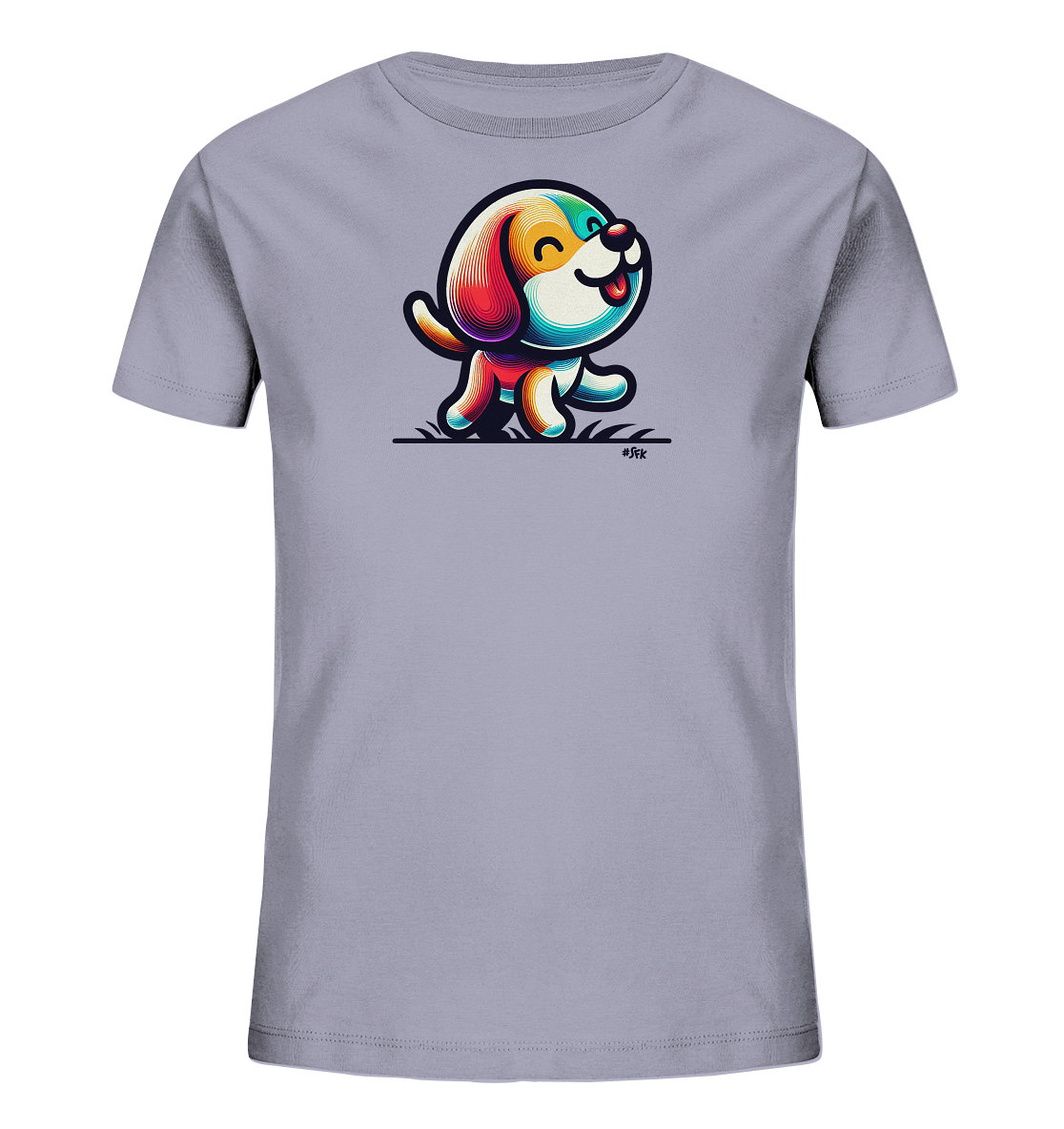 Onlineshop Shirts fuer Kinder - Das Bild zeigt ein hellgraues T-Shirt mit einem froehlichen, bunten Hundemotiv auf der Vorderseite. Der cartoonhafte Hund ist in leuchtenden Farben gestaltet und laeuft vergnuegt auf gruenem Gras. Sein Schwanz wedelt, und er hat einen gluecklichen Ausdruck. Das Design wirkt lebhaft und ansprechend fuer Kinder.