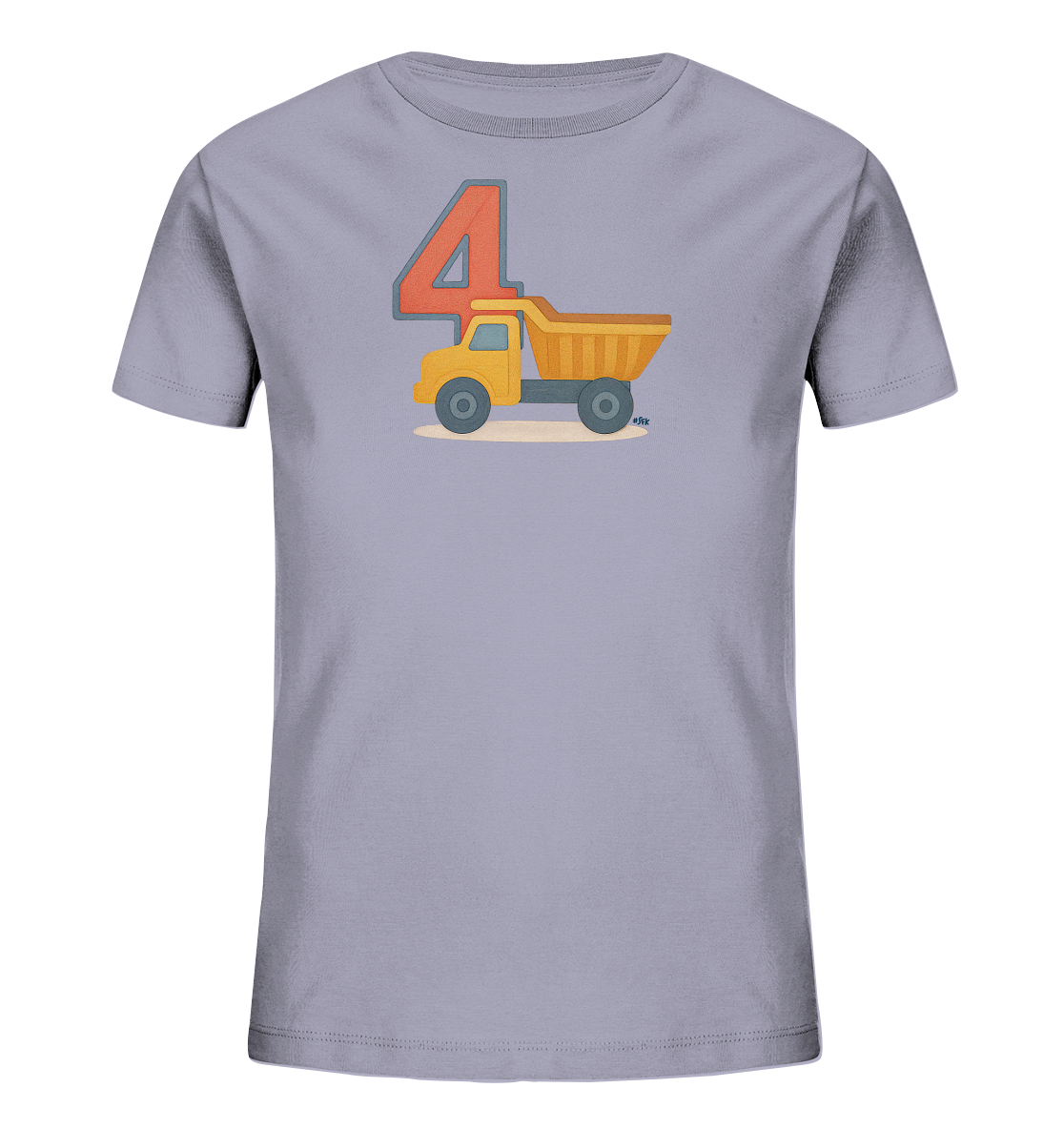 Onlineshop Shirts fuer Kinder - Das Bild zeigt ein hellgraues Kinder-T-Shirt mit einem grossen, roten Motiv der Zahl 4 auf der Vorderseite. Daneben ist ein gelber Muldenkipper abgebildet. Die Grafik ist auf dem T-Shirt zentriert und zeigt das Fahrzeug in Seitenansicht auf leicht braeunlichem Grund. Das Design wirkt verspielt und farbenfroh.