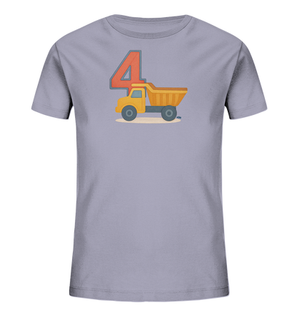 Onlineshop Shirts fuer Kinder - Das Bild zeigt ein hellgraues Kinder-T-Shirt mit einem grossen, roten Motiv der Zahl 4 auf der Vorderseite. Daneben ist ein gelber Muldenkipper abgebildet. Die Grafik ist auf dem T-Shirt zentriert und zeigt das Fahrzeug in Seitenansicht auf leicht braeunlichem Grund. Das Design wirkt verspielt und farbenfroh.