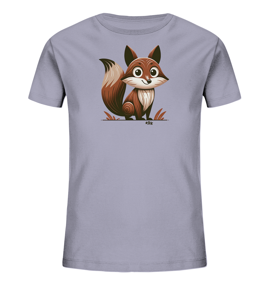 Onlineshop Shirts fuer Kinder - Das Bild zeigt ein hellviolettes Kinder-T-Shirt. Auf der Vorderseite ist eine niedliche Illustration eines Fuchses in Cartoon-Stil zu sehen. Der Fuchs sitzt aufrecht und laechelt, umgeben von stilisierten Grashalmen. Dieses Design wirkt verspielt und ansprechend fuer Kinder.