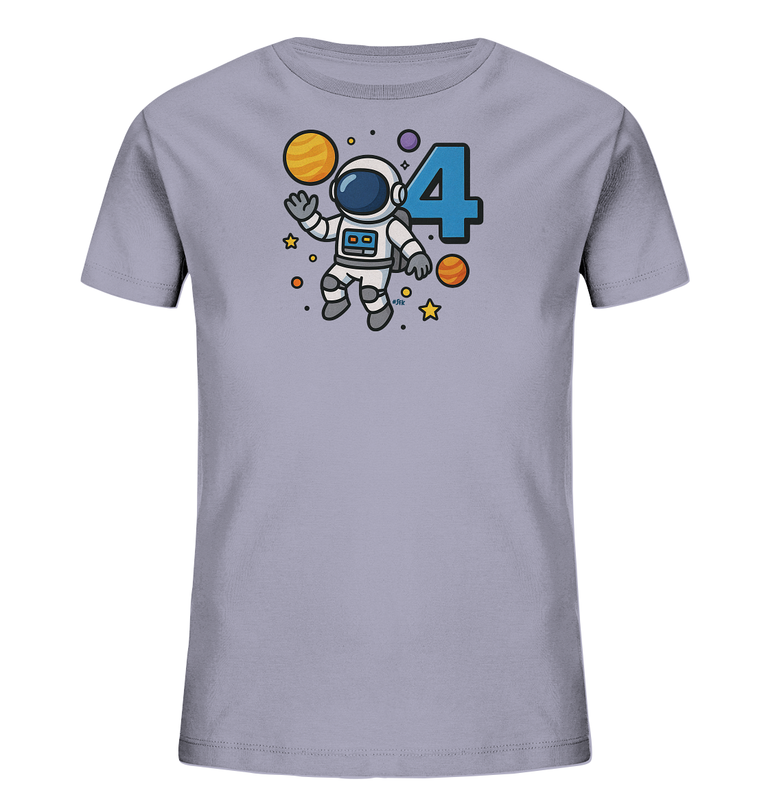 Onlineshop Shirts fuer Kinder - Das Bild zeigt ein hellgraues Kinder-T-Shirt mit einem Weltraum-Motiv. Ein suesser Cartoon-Astronaut schwebt neben einer grossen blauen Zahl '4'. Um ihn herum sind Planeten, Sterne und Punkte im galaktischen Stil dargestellt. Das Design ist verspielt und farbenfroh.