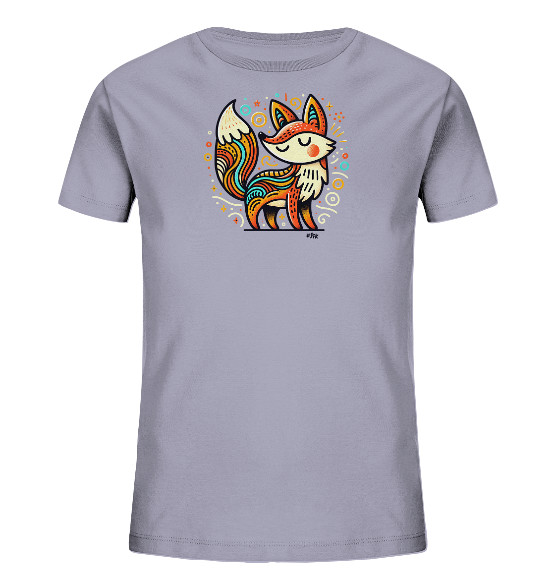 Onlineshop Shirts fuer Kinder - Das Bild zeigt ein hellgraues Kinder-T-Shirt mit einem farbenfrohen Druck auf der Vorderseite. Das Motiv stellt einen stilisierten Fuchs dar, verziert mit bunten Mustern in Orange, Blau und Gelb. Um den Fuchs sind verspielte Elemente wie Sterne, Punkte und Kringel angeordnet. Das Design wirkt lebhaft und kindgerecht.
