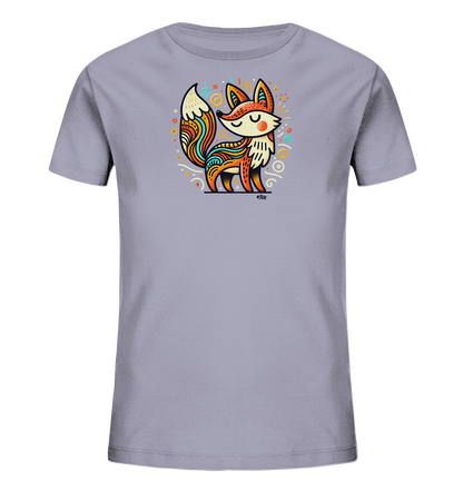 Onlineshop Shirts fuer Kinder - Das Bild zeigt ein hellgraues Kinder-T-Shirt mit einem farbenfrohen Druck auf der Vorderseite. Das Motiv stellt einen stilisierten Fuchs dar, verziert mit bunten Mustern in Orange, Blau und Gelb. Um den Fuchs sind verspielte Elemente wie Sterne, Punkte und Kringel angeordnet. Das Design wirkt lebhaft und kindgerecht.