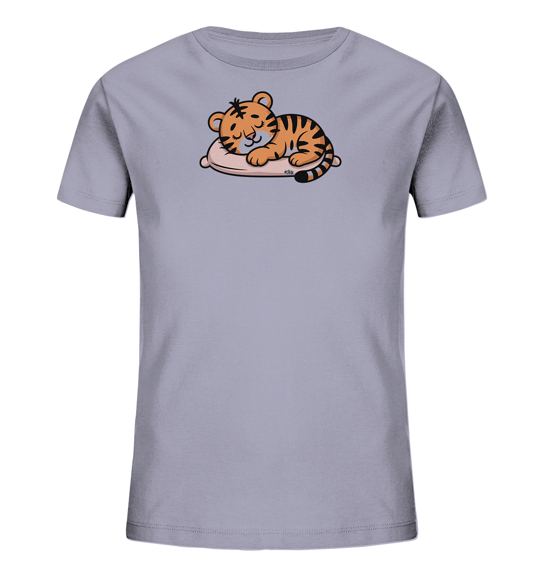 Onlineshop Shirts fuer Kinder - Das Bild zeigt ein hellgraues Kinder-T-Shirt. Auf der Vorderseite ist ein niedlicher, cartoonartiger Tiger abgebildet, der friedlich auf einem hellrosa Kissen schlaeft. Der Tiger hat orangefarbenes Fell mit schwarzen Streifen und geschlossene Augen, was eine ruhige Szene darstellt. Das Design ist verspielt und ideal fuer Kinder.