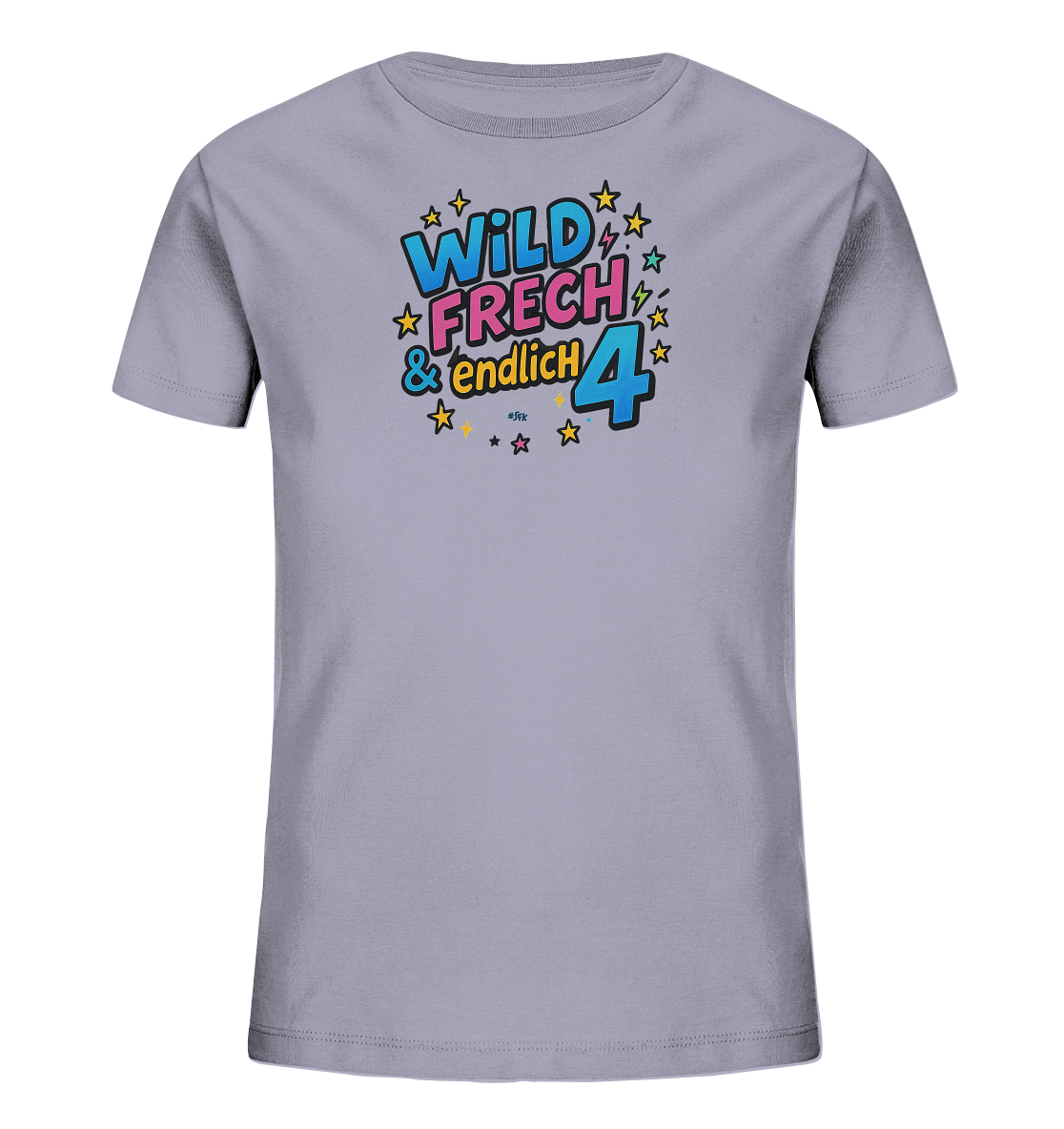 Onlineshop Shirts fuer Kinder - Das Bild zeigt ein hellgraues T-Shirt fuer Kinder mit einem auffaelligen Aufdruck im Comic-Stil. Der farbenfrohe Druck enthaelt die Woerter "WILD FRECH & endlich" sowie eine grosse Zahl "4". Das Design ist zusaetzlich mit kleinen Sternen und Blitzen verziert. Die gesamte Grafik wirkt lebendig und verspielt.