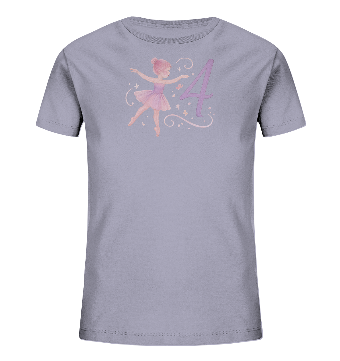 Onlineshop Shirts fuer Kinder - Das Bild zeigt ein hellgraues Kinder-T-Shirt mit einem vertraeumten Aufdruck auf der Vorderseite. Der Aufdruck zeigt eine junge Ballerina in rosafarbenem Tutu, die in einer Tanzpose dargestellt ist. Neben der Ballerina befindet sich die stilisierte Zahl '4' in einem passenden Rosa-Ton, umgeben von kleinen Sternen und Schnoerkeln. Das Design wirkt leicht und taenzerisch.