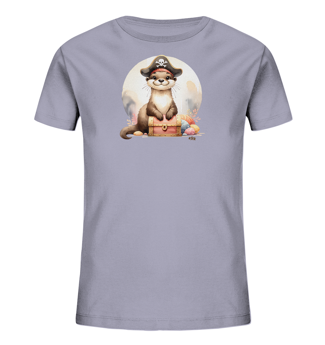 Onlineshop Shirts fuer Kinder - Das Bild zeigt ein graues Kinder-T-Shirt mit einem niedlichen Druck. Ein freundlicher Otter in einem Piratenhut sitzt auf einer kleinen Schatzkiste. Um die Kiste liegen bunte Ostereier. Im Hintergrund ist ein grosser, heller Kreis zu sehen.