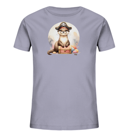 Onlineshop Shirts fuer Kinder - Das Bild zeigt ein graues Kinder-T-Shirt mit einem niedlichen Druck. Ein freundlicher Otter in einem Piratenhut sitzt auf einer kleinen Schatzkiste. Um die Kiste liegen bunte Ostereier. Im Hintergrund ist ein grosser, heller Kreis zu sehen.