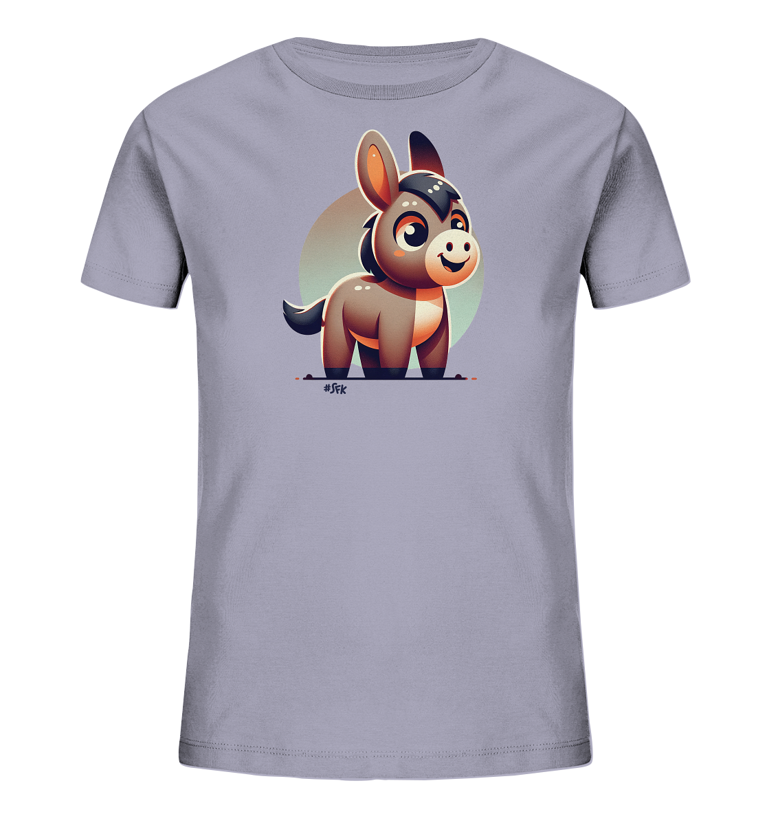 Onlineshop Shirts fuer Kinder - Das Bild zeigt ein hellgraues Kinder T-Shirt mit einem charmanten Cartoon-Motiv eines kleinen Esels auf der Vorderseite. Der Esel ist detailliert gezeichnet, hat grosse, ausdrucksstarke Augen und ein freundliches Laecheln. Hinter dem Tier befindet sich ein sanfter, farbiger Kreis, der dem Design Tiefe verleiht. Das Motiv wirkt insgesamt froehlich und kindgerecht.