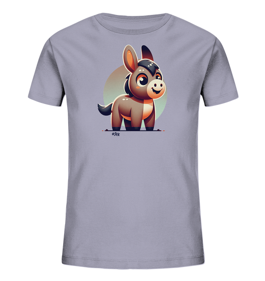 Onlineshop Shirts fuer Kinder - Das Bild zeigt ein hellgraues Kinder T-Shirt mit einem charmanten Cartoon-Motiv eines kleinen Esels auf der Vorderseite. Der Esel ist detailliert gezeichnet, hat grosse, ausdrucksstarke Augen und ein freundliches Laecheln. Hinter dem Tier befindet sich ein sanfter, farbiger Kreis, der dem Design Tiefe verleiht. Das Motiv wirkt insgesamt froehlich und kindgerecht.
