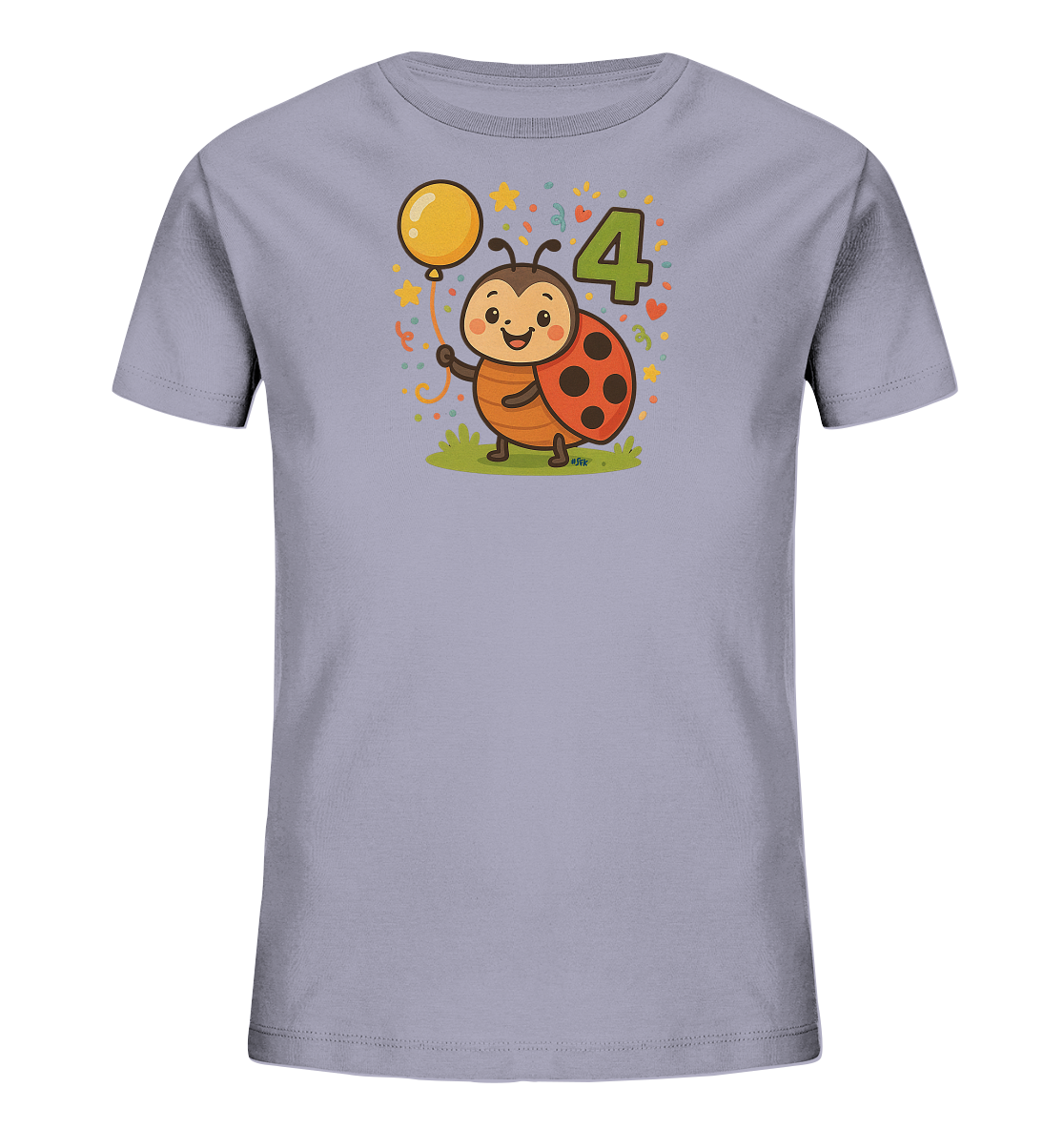 Onlineshop Shirts fuer Kinder - Das Bild zeigt ein hellviolettes Kinder-T-Shirt mit einem froehlichen Motiv. Ein suesser Marienkaefer haelt einen gelben Ballon und steht neben der gruenen Zahl Vier. Das Design ist von bunten Elementen wie Sternen und Herzen umgeben, was eine festliche Szene darstellt.