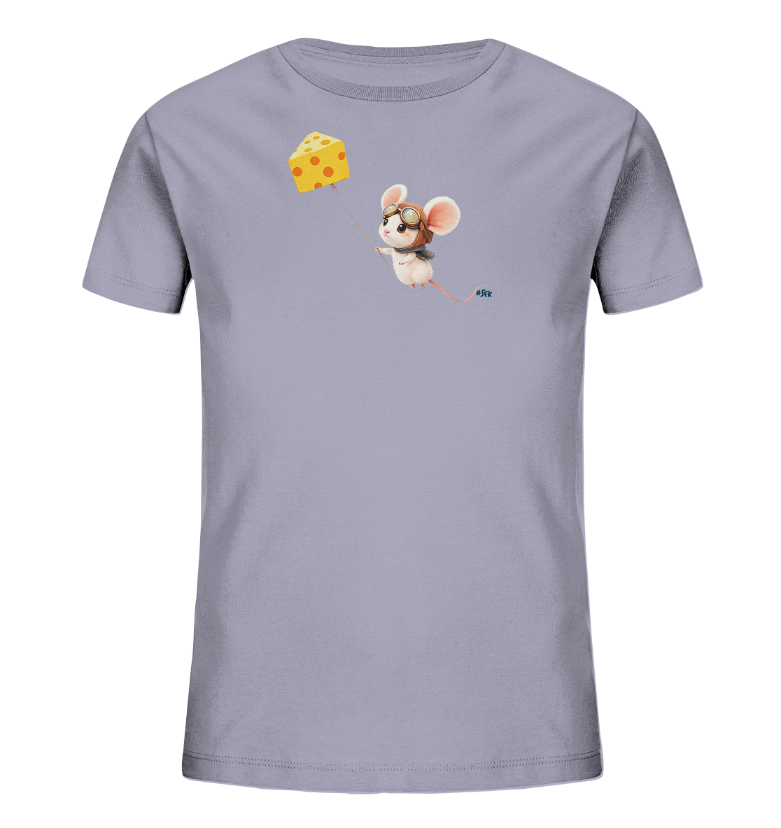 Onlineshop Shirts fuer Kinder - Das Bild zeigt ein hellgraues Kinder-T-Shirt mit einem fantasievollen Motiv. Eine kleine Maus mit Pilotenmuetze schwebt, indem sie sich an einem grossen Stueck gelben Schweizer Kaese festhaelt, der wie ein Ballon aufsteigt. Das verspielte Design vermittelt den Eindruck eines kleinen Abenteuers.