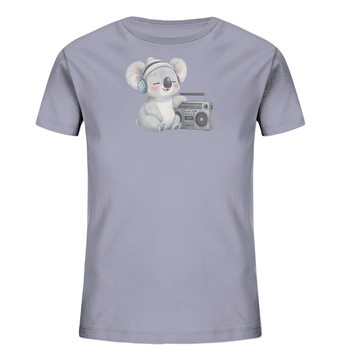 Onlineshop Shirts fuer Kinder - Das Bild zeigt ein hellviolettes Kinder-T-Shirt mit einem niedlichen Motiv. Ein kleiner Koala mit blauen Kopfhoerern und einer Muetze sitzt laechelnd auf der Vorderseite. Neben ihm befindet sich ein detailliert dargestellter, grauer Kassettenrekorder. Das Design wirkt verspielt und musikbezogen, ideal fuer Kinder.
