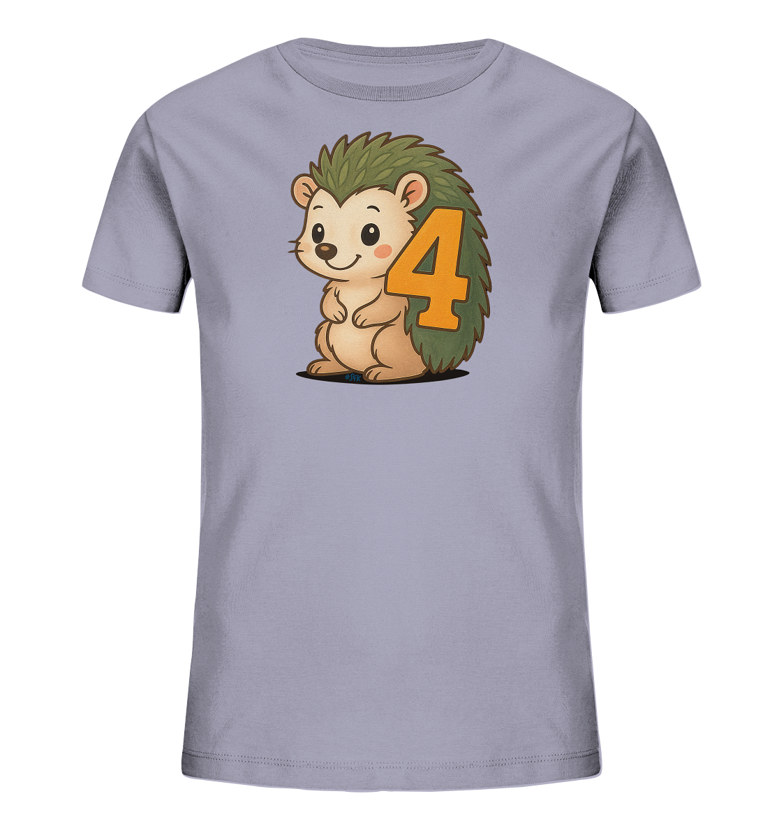 Onlineshop Shirts fuer Kinder - Dieses hellviolette Kinder-T-Shirt zeigt eine bezaubernde Illustration eines Igelchens. Der freundlich laechelnde Igel sitzt aufrecht, und auf seinem Stachelkleid prangt eine grosse orangefarbene "4". Das Design ist verspielt und farbenfroh, ideal fuer kleine Igel-Fans.