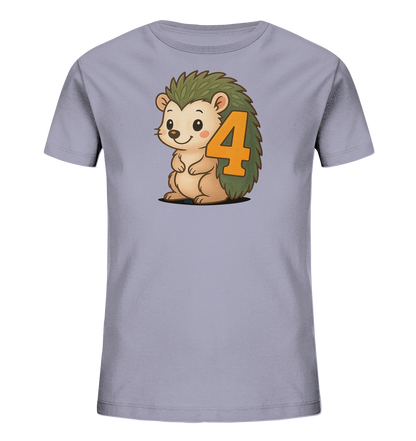 Onlineshop Shirts fuer Kinder - Dieses hellviolette Kinder-T-Shirt zeigt eine bezaubernde Illustration eines Igelchens. Der freundlich laechelnde Igel sitzt aufrecht, und auf seinem Stachelkleid prangt eine grosse orangefarbene "4". Das Design ist verspielt und farbenfroh, ideal fuer kleine Igel-Fans.