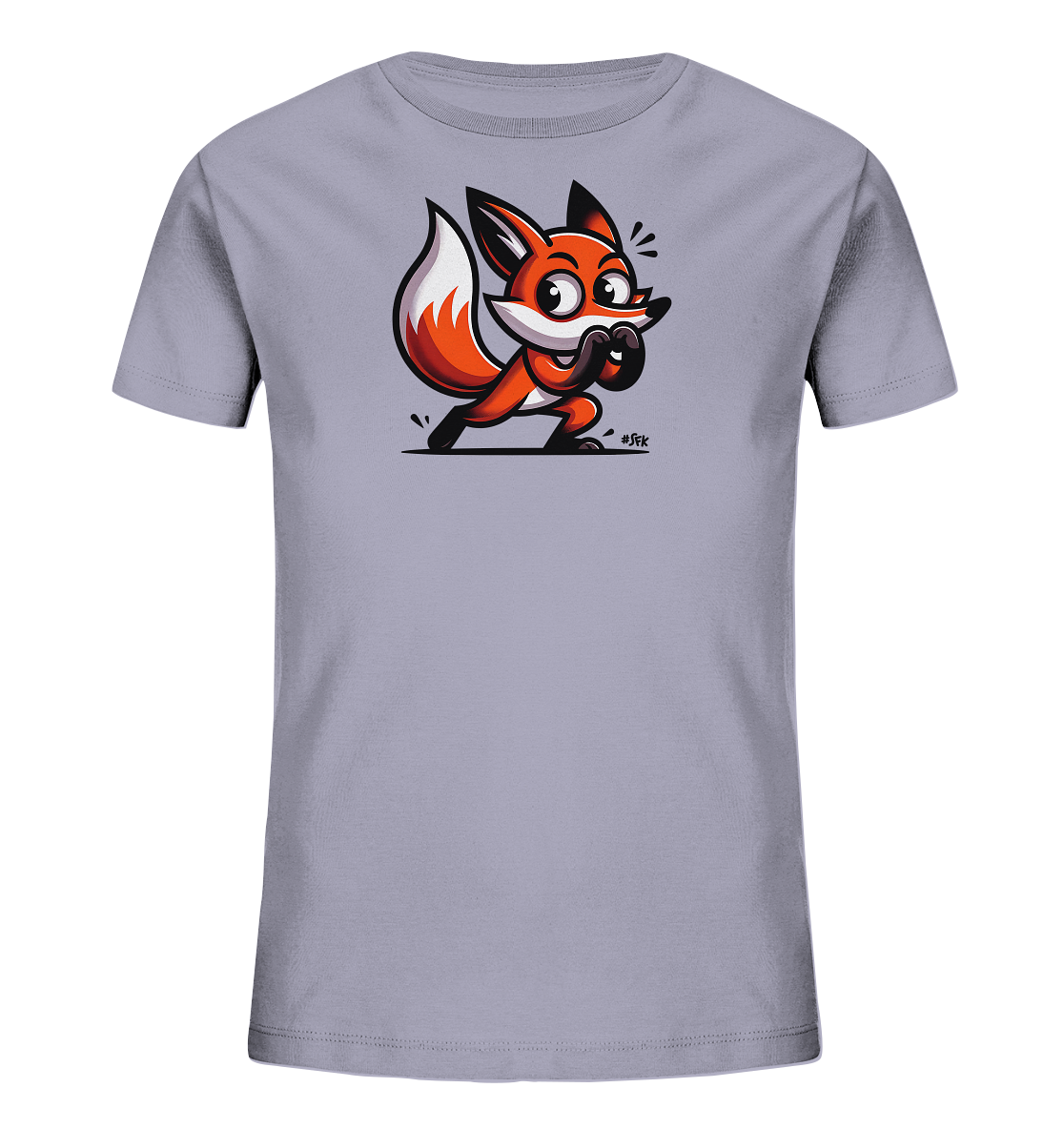 Onlineshop Shirts fuer Kinder - Das Bild zeigt ein hellgraues T-Shirt fuer Kinder. Auf der Vorderseite ist ein orange-weisser Cartoon-Fuchs abgebildet. Der Fuchs ist in einer geduckten Haltung dargestellt, mit grossen Augen und den Pfoten am Gesicht, was ihn ueberrascht oder bereit aussehen laesst. Das Design ist farbenfroh und verspielt.