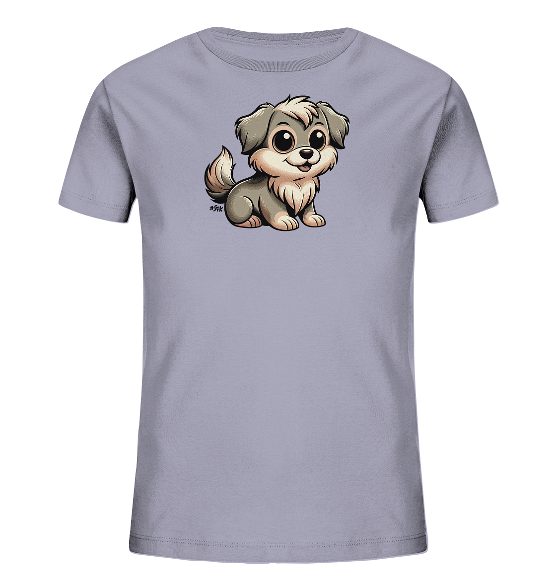 Onlineshop Shirts fuer Kinder - Das Bild zeigt ein hellgraues Kinder-T-Shirt mit einer niedlichen Illustration eines sitzenden Welpen. Der cartoonartige Hund hat grosse Augen, eine freundliche Schnauze und ist in Grau- und Beigetoenen dargestellt. Das Design wirkt froehlich und ansprechend fuer Kinderkleidung.
