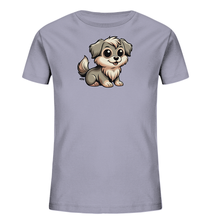 Onlineshop Shirts fuer Kinder - Das Bild zeigt ein hellgraues Kinder-T-Shirt mit einer niedlichen Illustration eines sitzenden Welpen. Der cartoonartige Hund hat grosse Augen, eine freundliche Schnauze und ist in Grau- und Beigetoenen dargestellt. Das Design wirkt froehlich und ansprechend fuer Kinderkleidung.