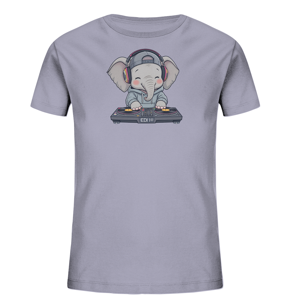 Onlineshop Shirts fuer Kinder - Das Bild zeigt ein hellgraues Kinder-T-Shirt mit einer charmanten Illustration eines kleinen Elefanten. Der Elefant traegt eine Kapuzenjacke, eine Muetze und Kopfhoerer, waehrend er an einem DJ-Mischpult sitzt. Die Grafik verleiht dem Shirt einen verspielten und coolen Charakter, ideal fuer junge Musikfans. Es ist ein froehliches Motiv in klaren Farben.
