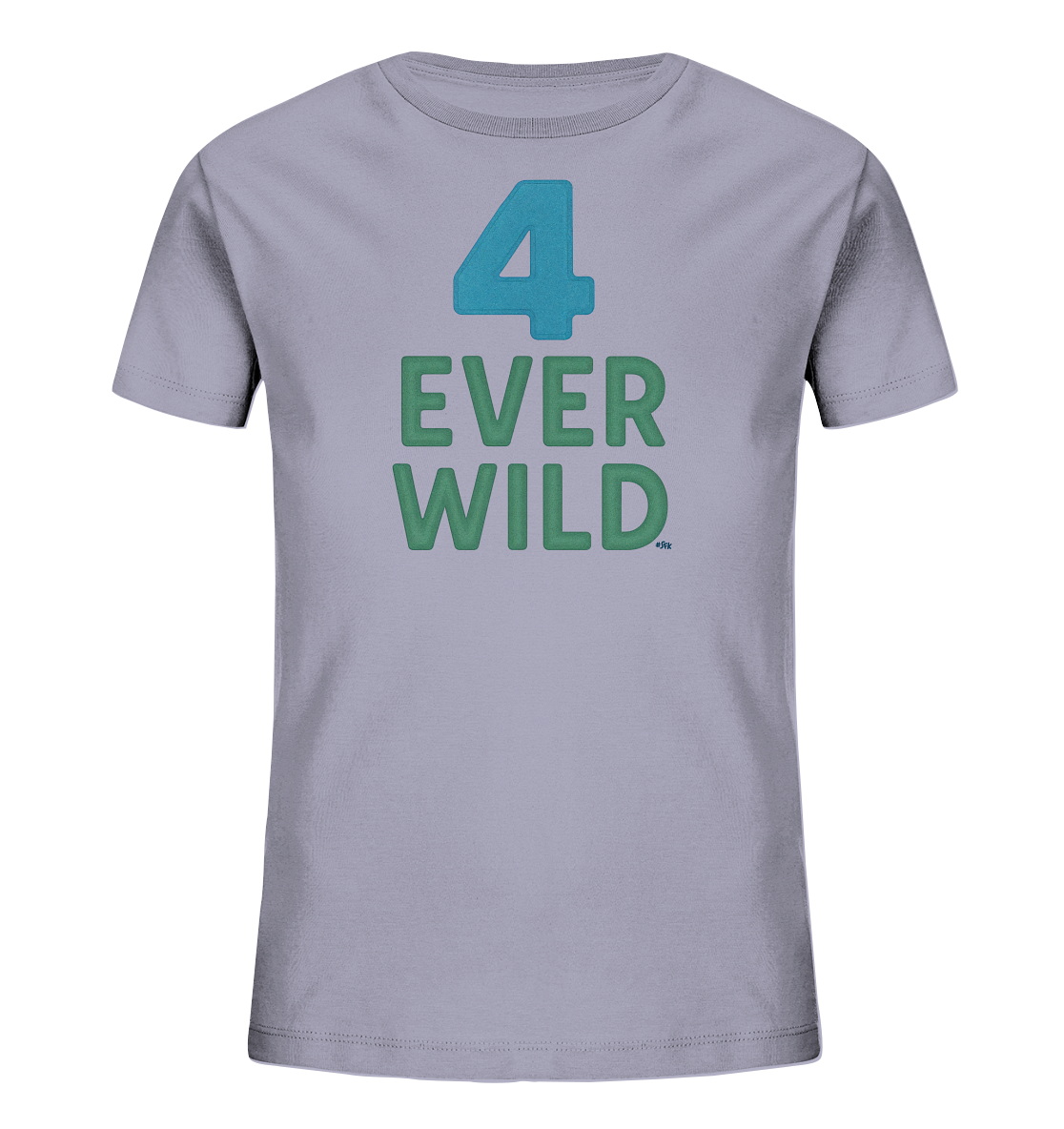 Onlineshop Shirts fuer Kinder - Das Bild zeigt ein hellgraues Kinder-T-Shirt mit einem Aufdruck auf der Vorderseite. Oben ist die Zahl '4' in Blau dargestellt. Darunter steht der Text "EVER WILD" in gruener Farbe. Das Design ist klar und auf den Punkt gebracht.