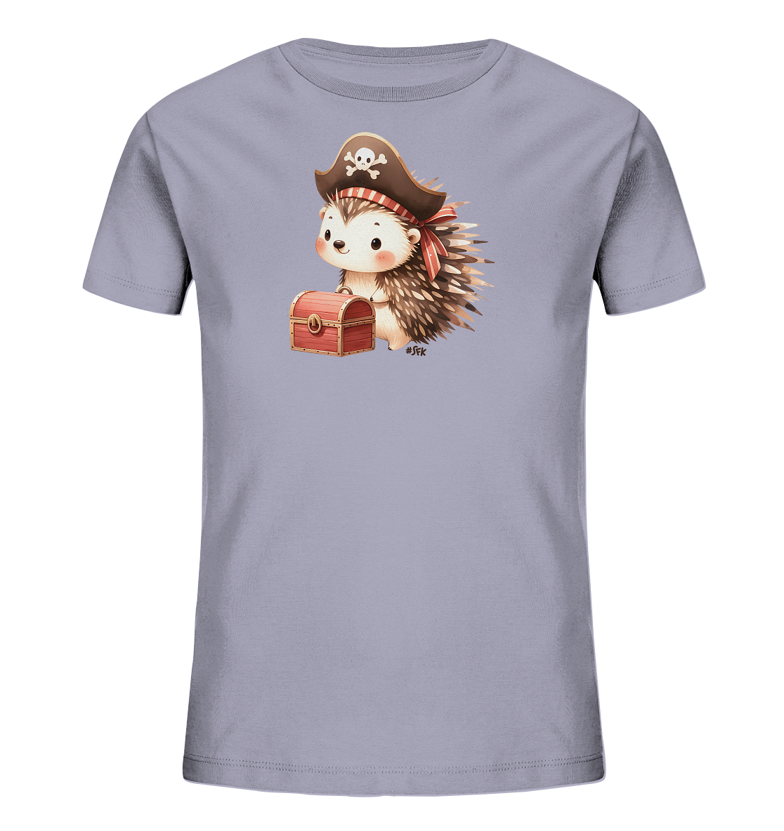 Onlineshop Shirts fuer Kinder - Abgebildet ist ein hellviolettes Kinder-T-Shirt. Auf der Vorderseite befindet sich eine niedliche Illustration eines Igels in Piratenaufmachung. Der Igel traegt einen braunen Piratenhut mit Totenkopfmotiv und haelt eine kleine rote Schatzkiste. Das froehliche Motiv verleiht dem Shirt einen verspielten Look.